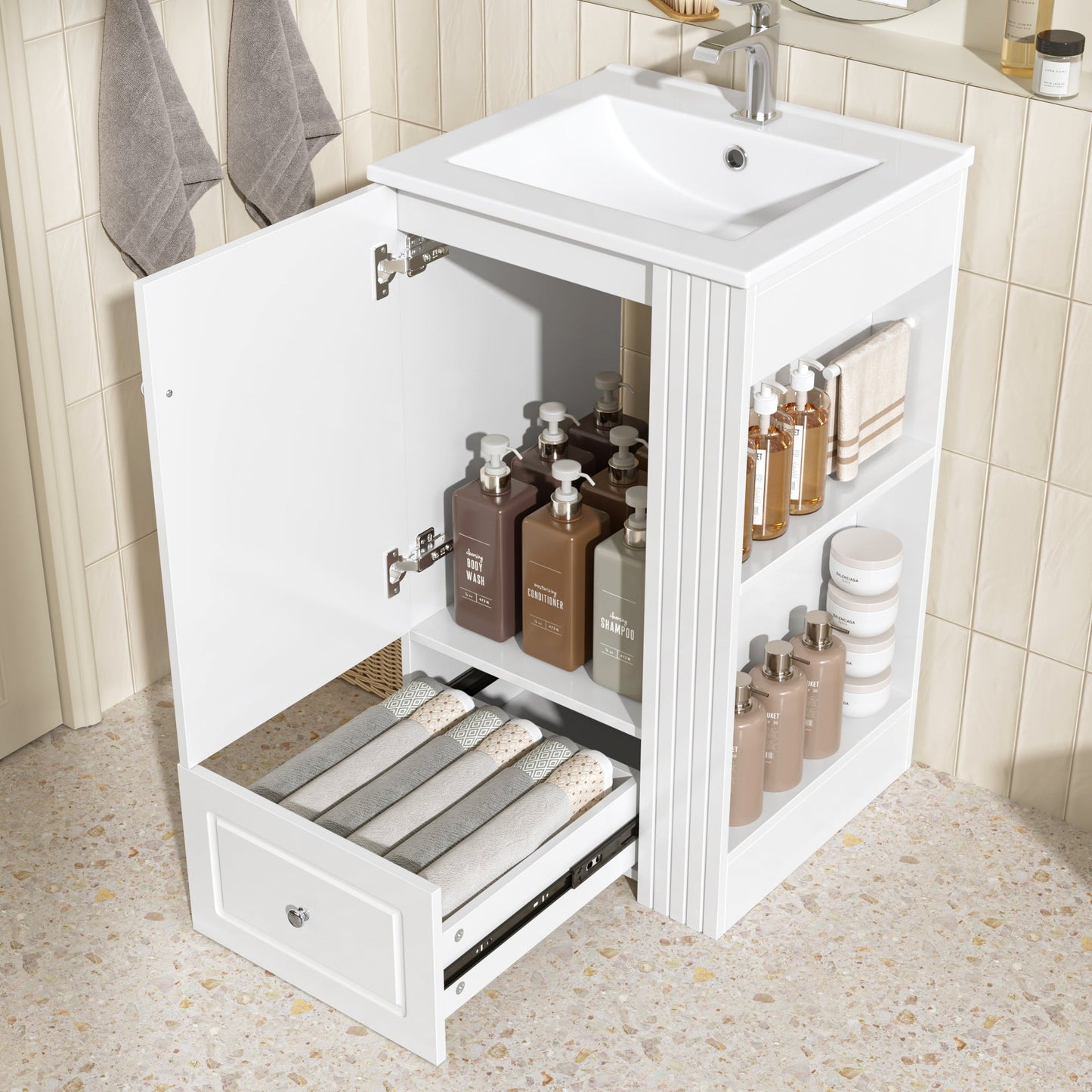 20" White Bathroom Vanity with Ceramic Sink | Freestanding Vanity - 1st Choice Furniture Direct
