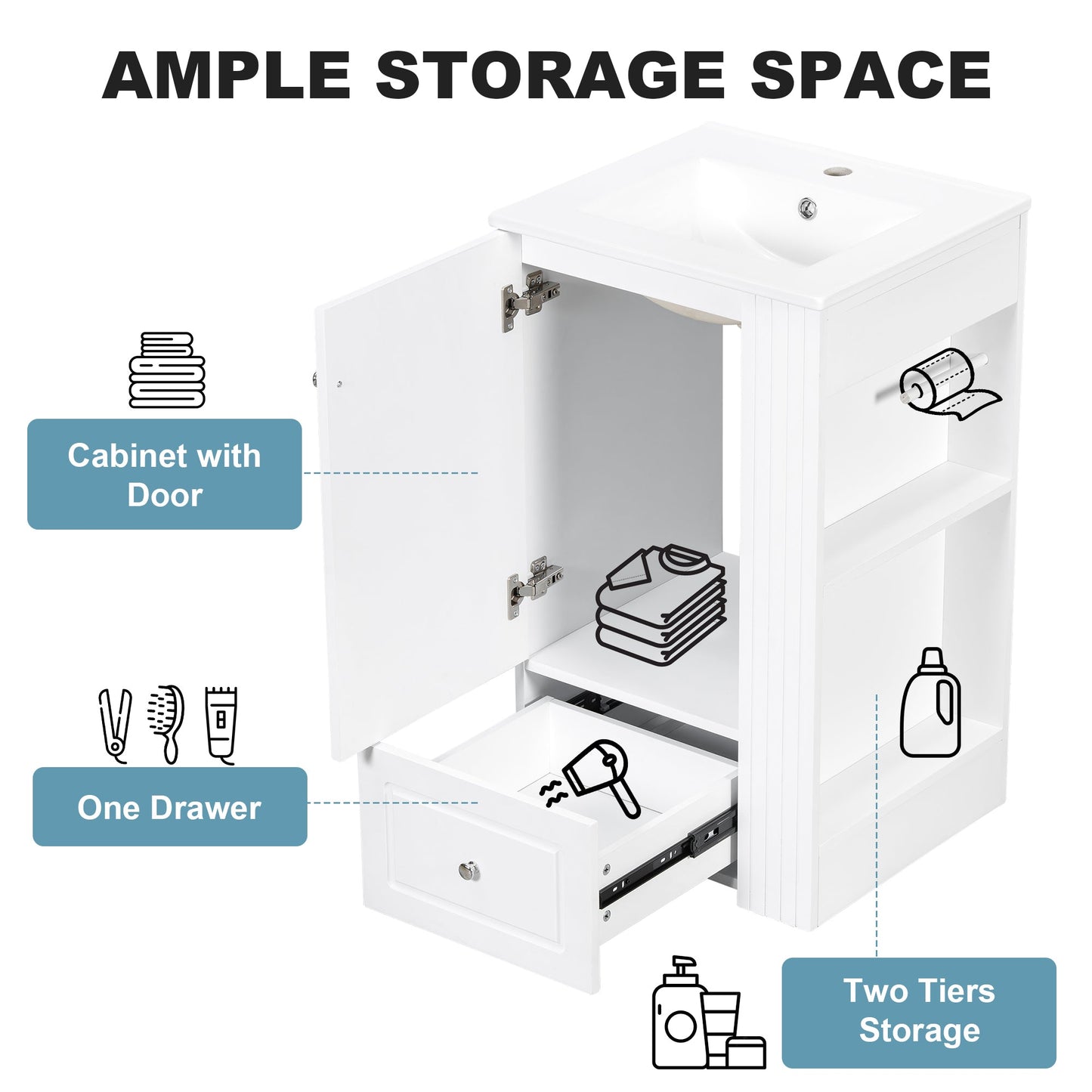 20" White Bathroom Vanity with Ceramic Sink | Freestanding Vanity - 1st Choice Furniture Direct