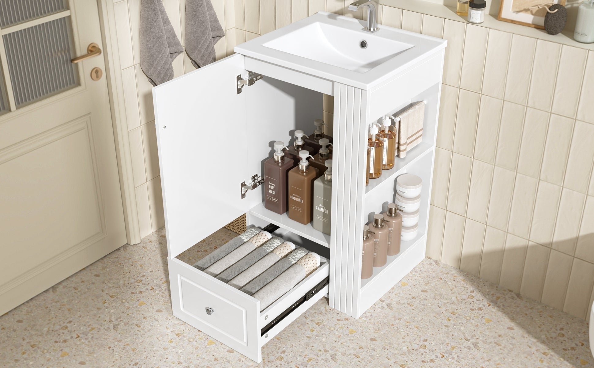 20" White Bathroom Vanity with Ceramic Sink | Freestanding Vanity - 1st Choice Furniture Direct