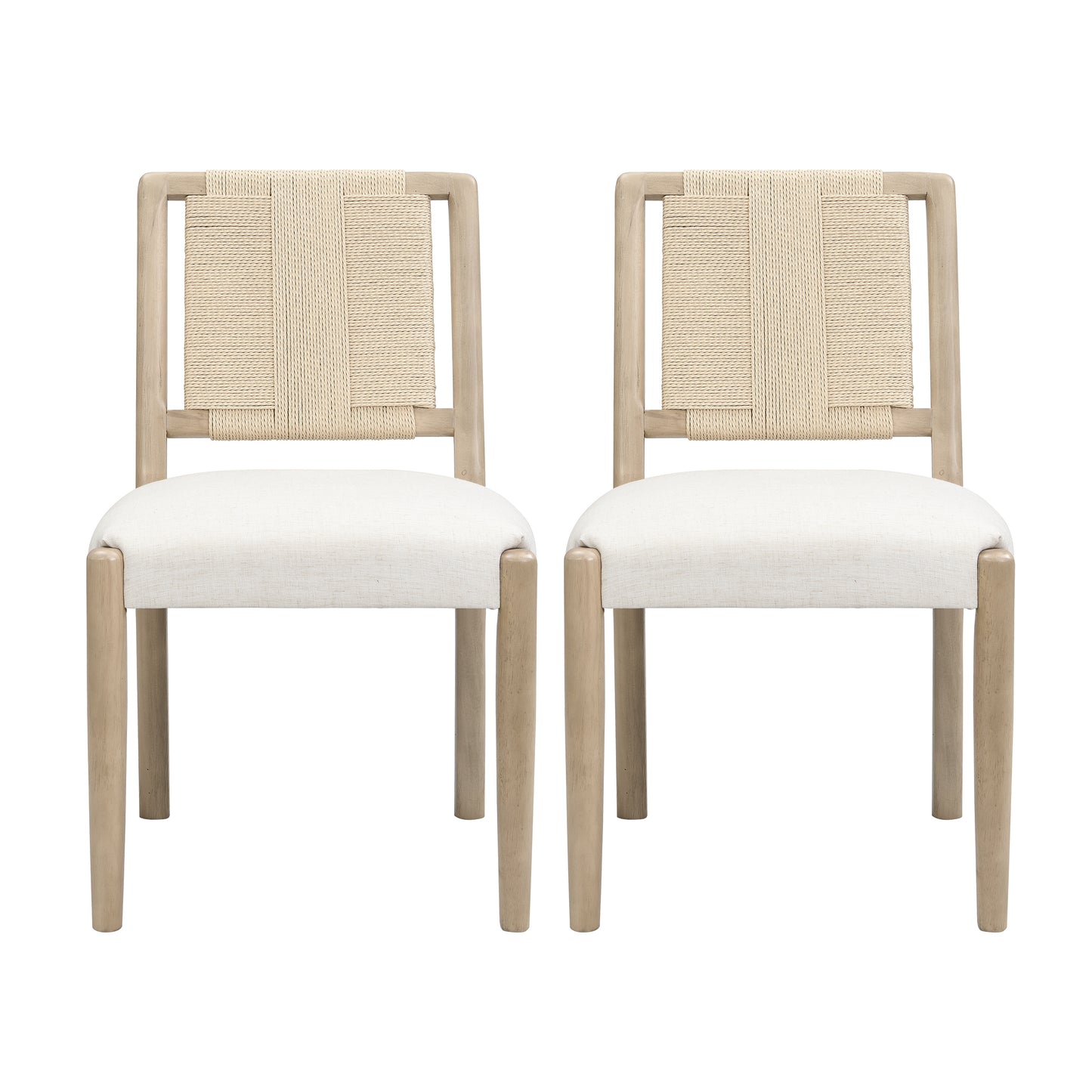 Upholstered dining chair with woven rope backrest Set of 2-Light ash +Beige