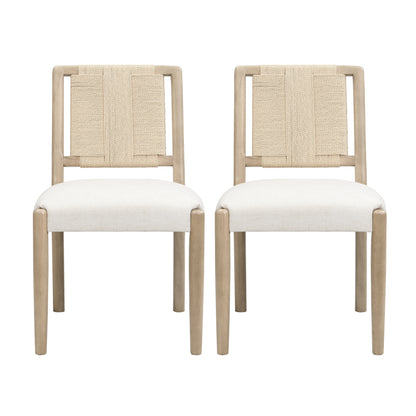 Upholstered dining chair with woven rope backrest Set of 2-Light ash +Beige