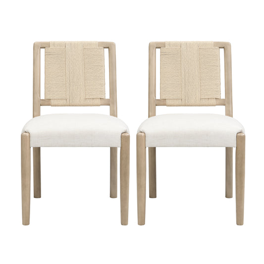 Upholstered dining chair with woven rope backrest Set of 2-Light ash +Beige