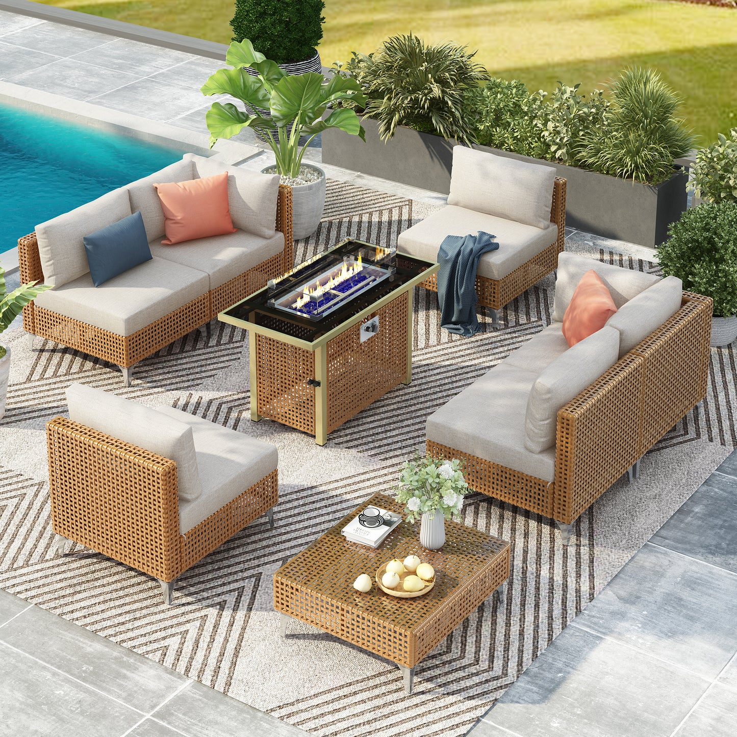 K&K patio 8-Piece Patio Furniture Set with 43' Fire Pit Table, Outdoor Conversation Set & 60,000 BTU 43 Inch Rectangle Propane Fire Pit with Water Resistant Beige Thick Cushions, Beige