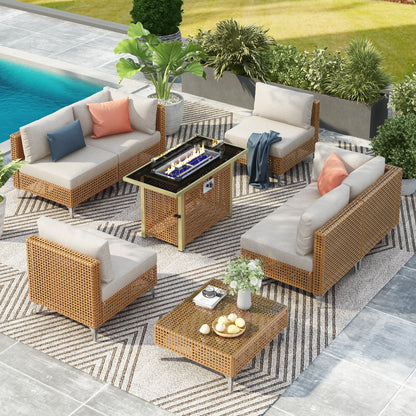K&K patio 8-Piece Patio Furniture Set with 43' Fire Pit Table, Outdoor Conversation Set & 60,000 BTU 43 Inch Rectangle Propane Fire Pit with Water Resistant Beige Thick Cushions, Beige