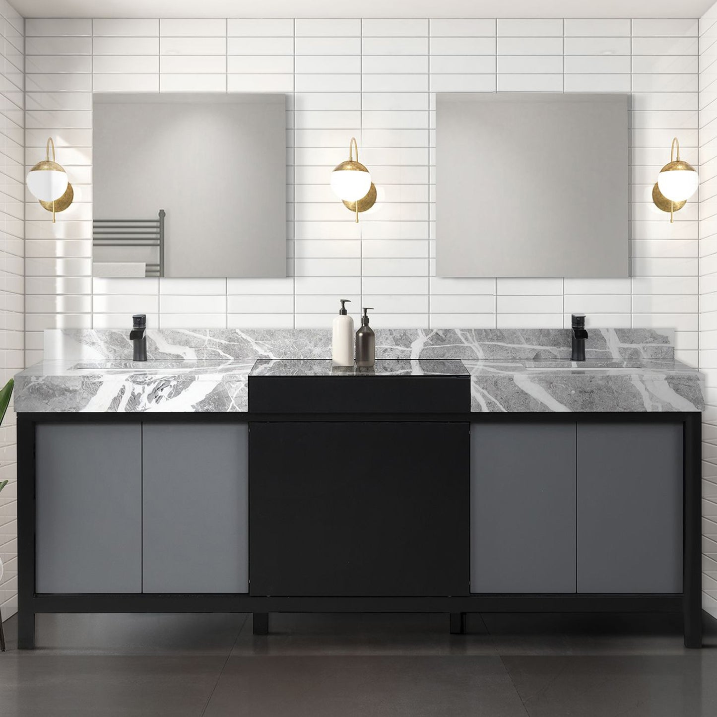 Black and Grey Double Bath Vanity 84 in. W x 22 in. D, Castle Grey Marble Top, Matte Black Faucet Set and 34 in. Mirrors