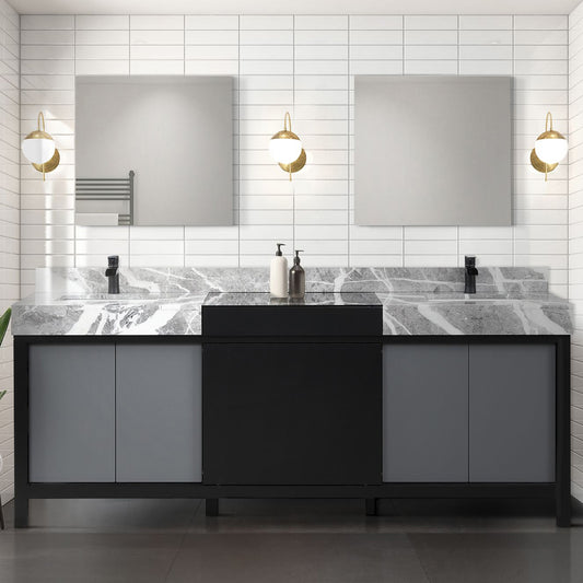 Black and Grey Double Bath Vanity 84 in. W x 22 in. D, Castle Grey Marble Top, Matte Black Faucet Set and 34 in. Mirrors