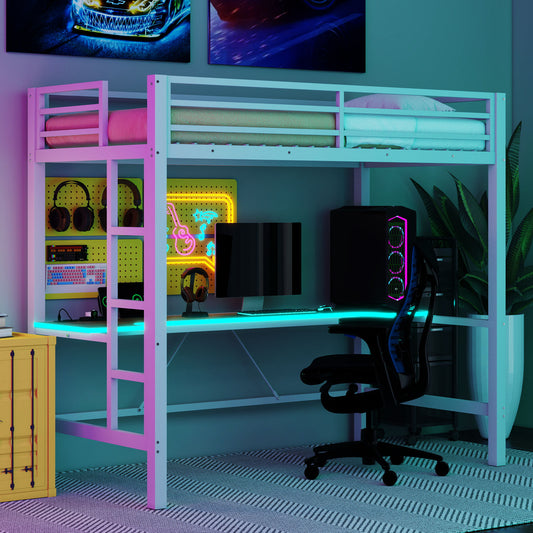 Twin Size Gaming Metal Loft Bed Frame with LED Light and Desk,White