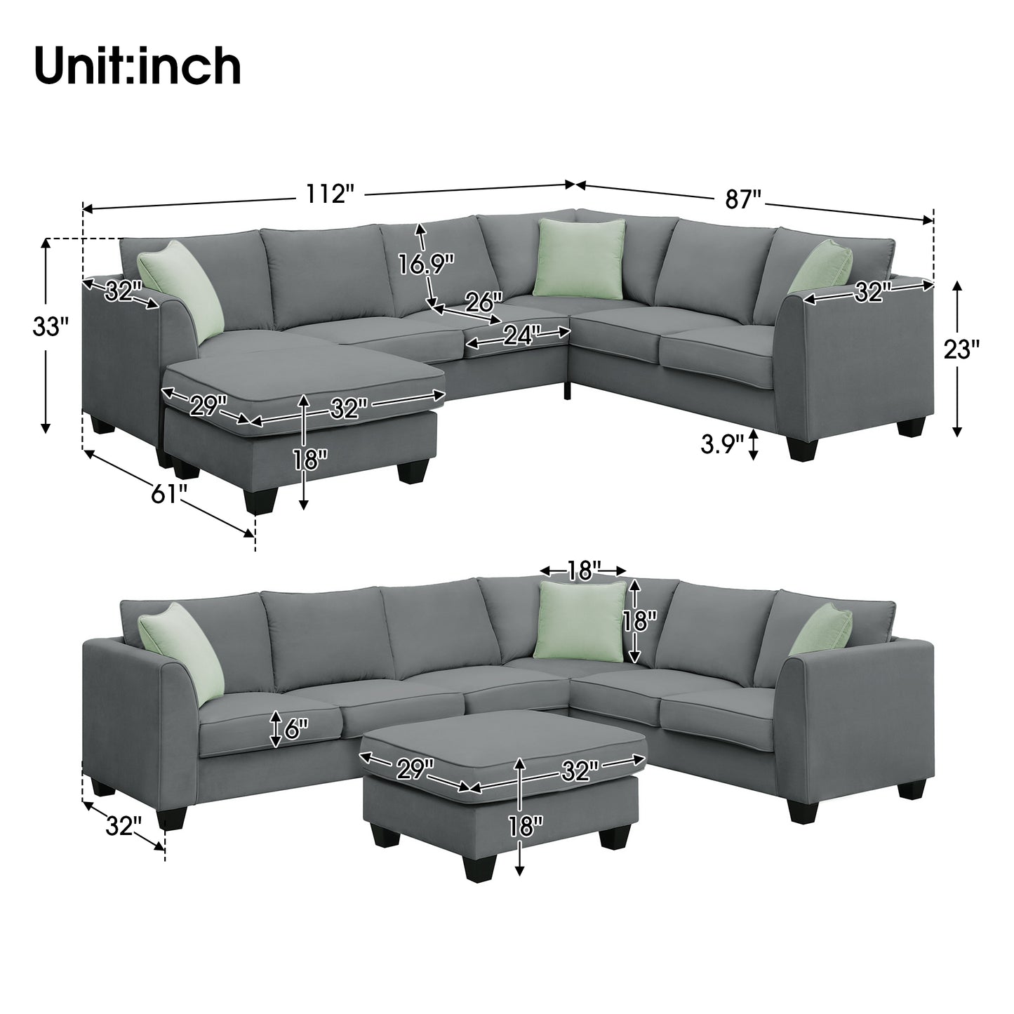 1st Choice Sectional Sofa Couches Living Room Sets 7 Seats w/ Ottoman