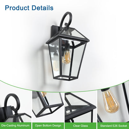 21'(H) 2 - Pack Outdoor Wall Lantern Light – Modern Black Metal & Clear Glass Sconce for Porch, Patio, and Garden Lighting (Bulb Not Included) - 1st Choice Furniture Direct