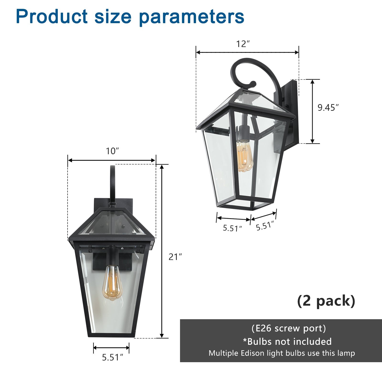 21'(H) 2 - Pack Outdoor Wall Lantern Light – Modern Black Metal & Clear Glass Sconce for Porch, Patio, and Garden Lighting (Bulb Not Included) - 1st Choice Furniture Direct