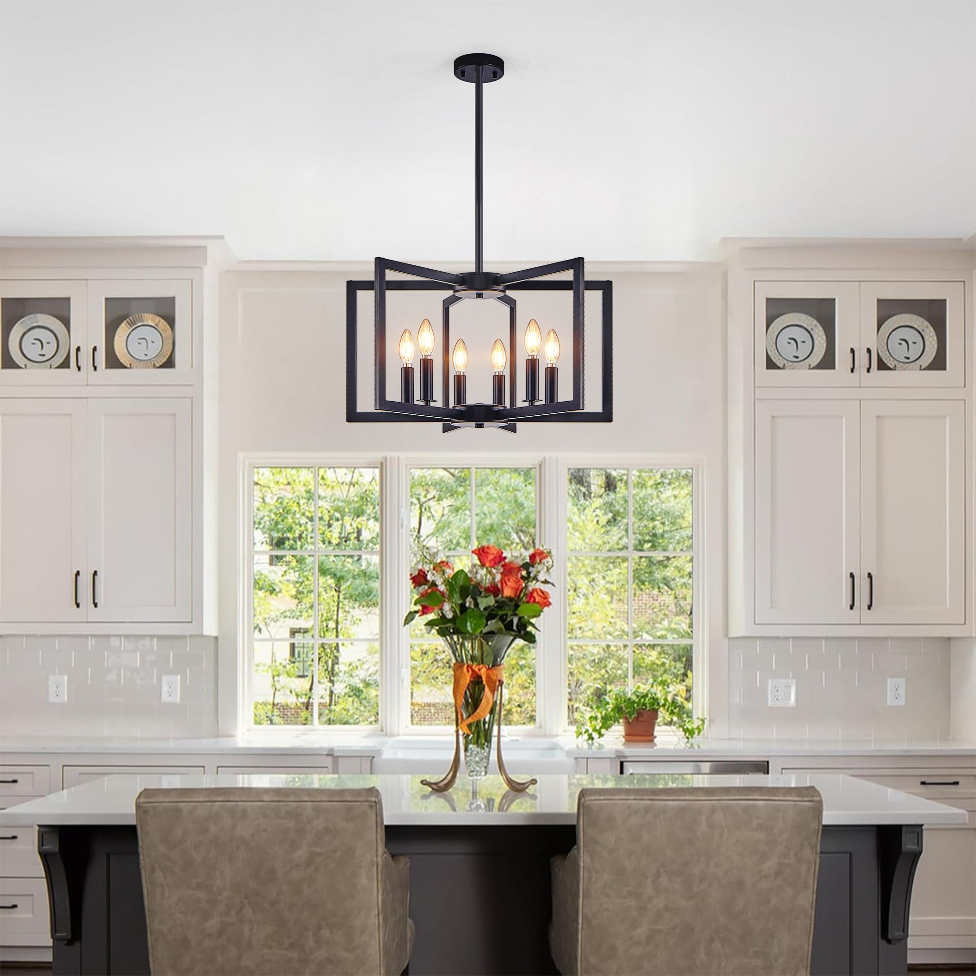 22' Modern Black Geometric 6 - Light Chandelier – Industrial Metal Pendant Light Fixture for Living Room, Dining Room, or Kitchen (Bulb Not Included) - 1st Choice Furniture Direct