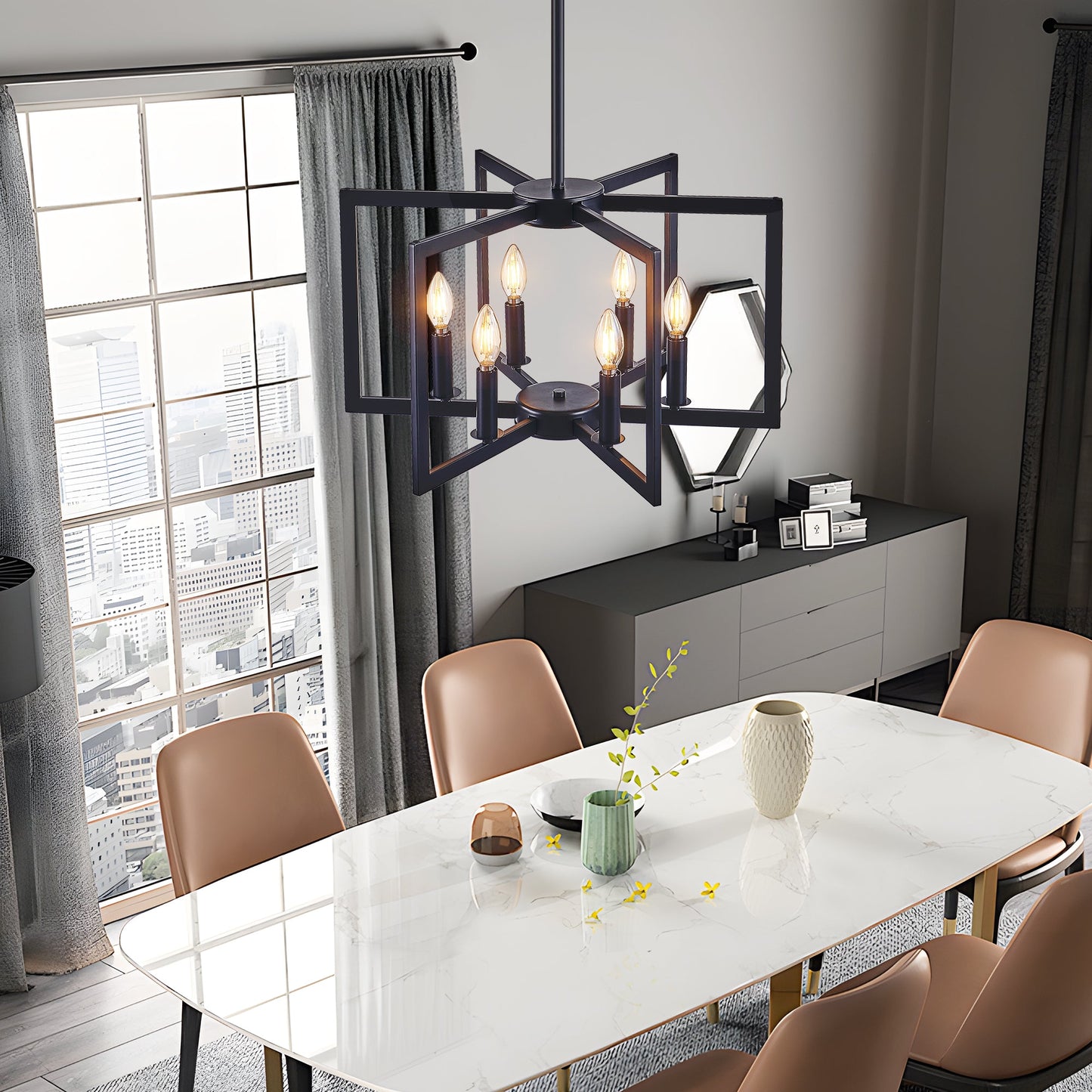 22' Modern Black Geometric 6 - Light Chandelier – Industrial Metal Pendant Light Fixture for Living Room, Dining Room, or Kitchen (Bulb Not Included) - 1st Choice Furniture Direct