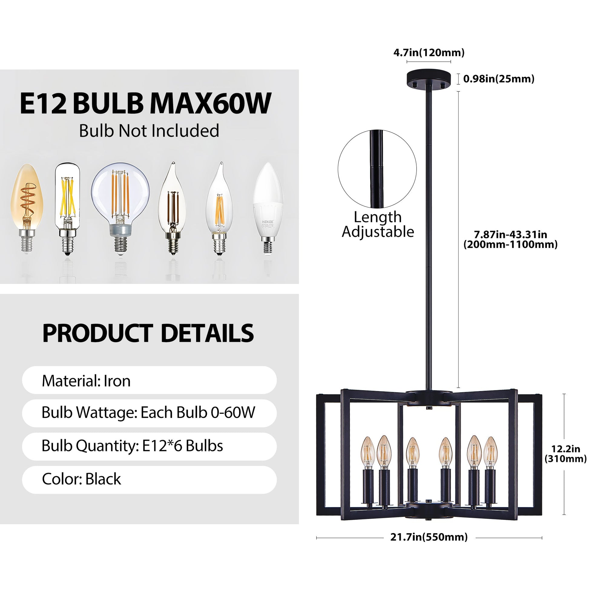 22' Modern Black Geometric 6 - Light Chandelier – Industrial Metal Pendant Light Fixture for Living Room, Dining Room, or Kitchen (Bulb Not Included) - 1st Choice Furniture Direct