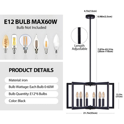 22' Modern Black Geometric 6 - Light Chandelier – Industrial Metal Pendant Light Fixture for Living Room, Dining Room, or Kitchen (Bulb Not Included) - 1st Choice Furniture Direct