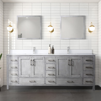 Distressed Grey Double Bath Vanity 84 in. W x 22 in. D, White Quartz Top, and Faucet Set