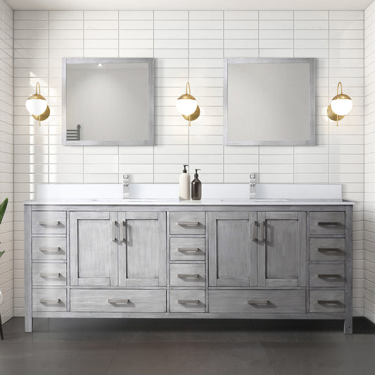 Distressed Grey Double Bath Vanity 84 in. W x 22 in. D, White Quartz Top, and Faucet Set