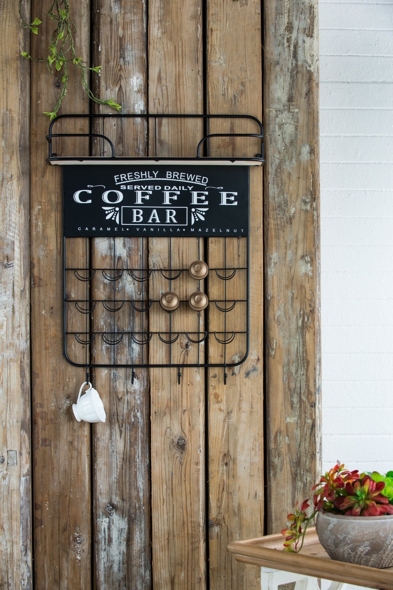 22.8x5.5x28.7' Black Floating Coffee Bar Shelf with Coffee Pod Holder, Hooks and Storage Shelf - 1st Choice Furniture Direct