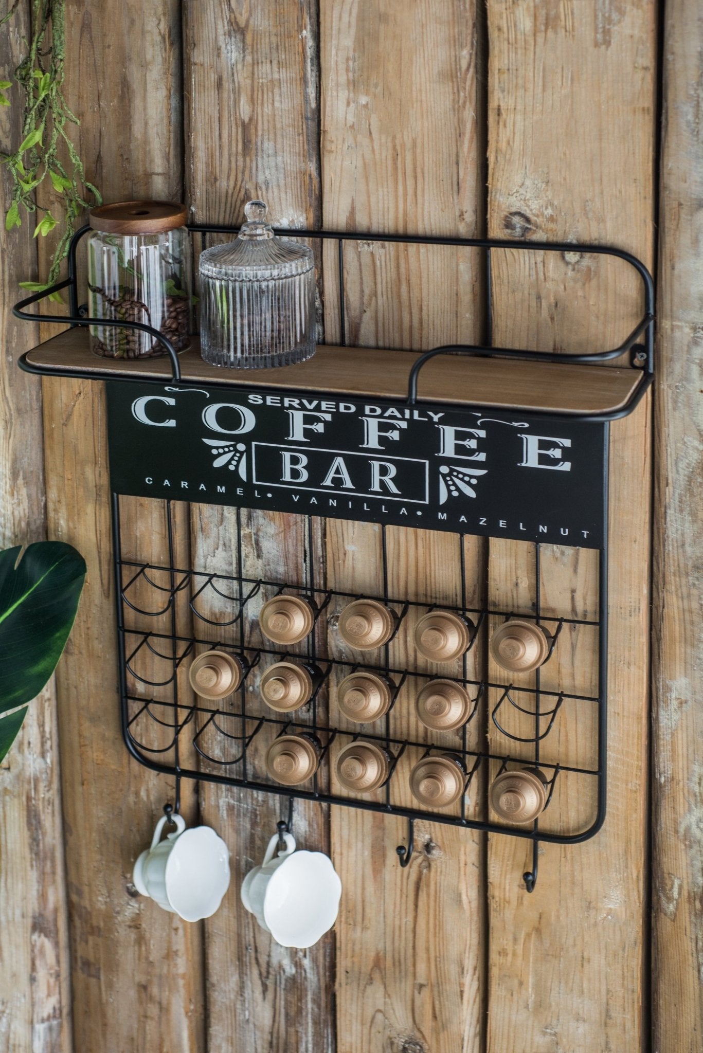 22.8x5.5x28.7' Black Floating Coffee Bar Shelf with Coffee Pod Holder, Hooks and Storage Shelf - 1st Choice Furniture Direct