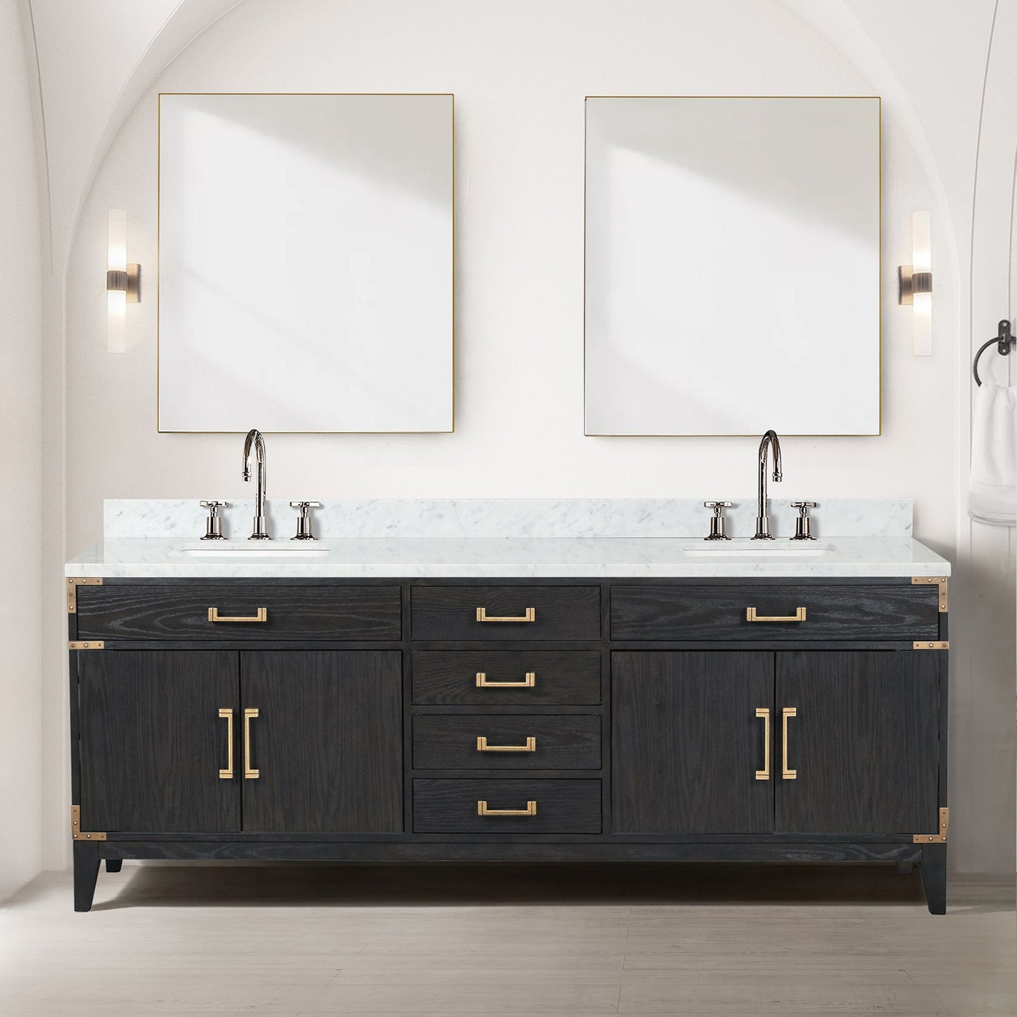 Black Oak Double Bath Vanity 84 in. W x 22 in. D, Carrara Marble Top, and Faucet Set