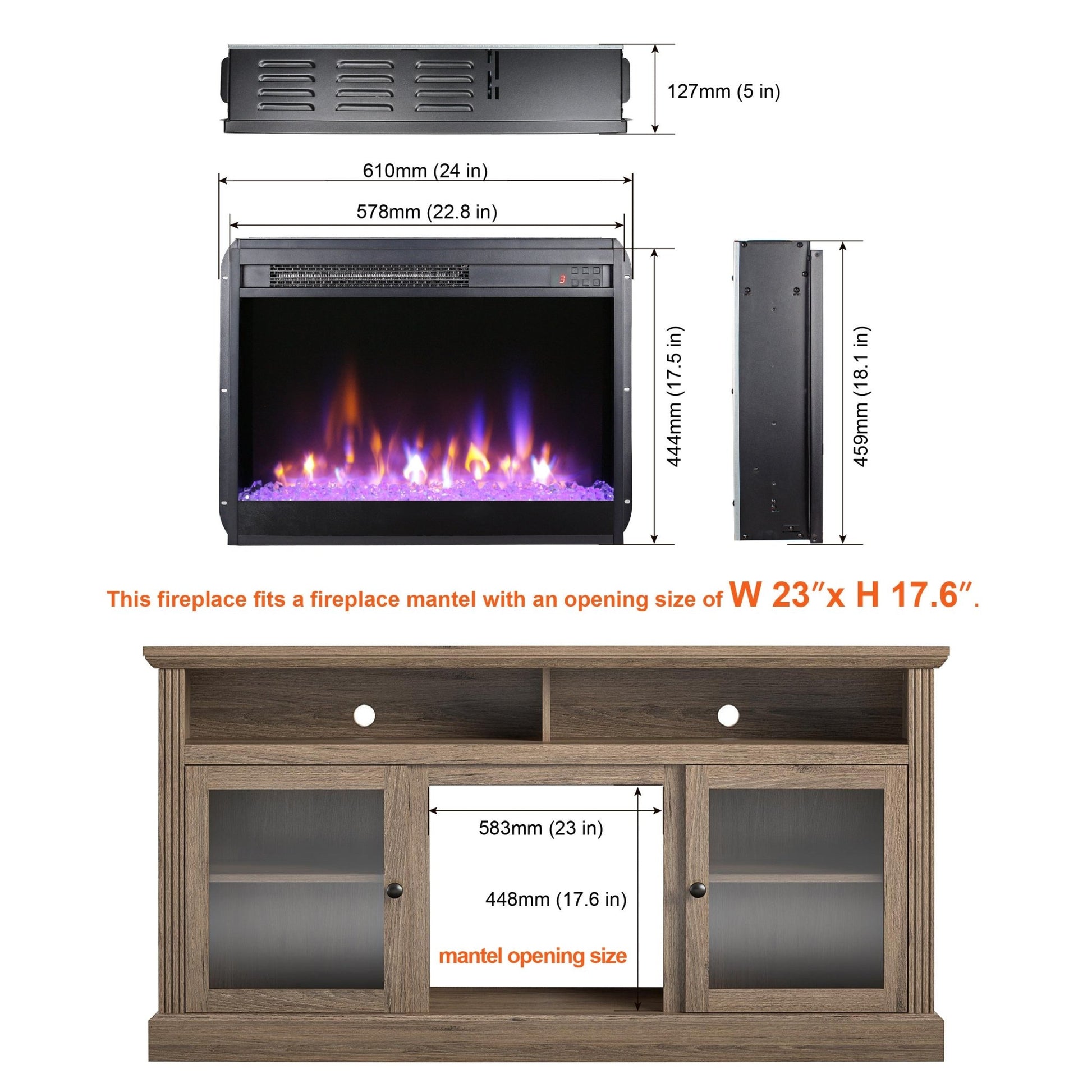 23 inch electric fireplace insert, ultra thin heater with crystal & realistic flame, remote control with timer, overheating protection,with sidelight - 1st Choice Furniture Direct