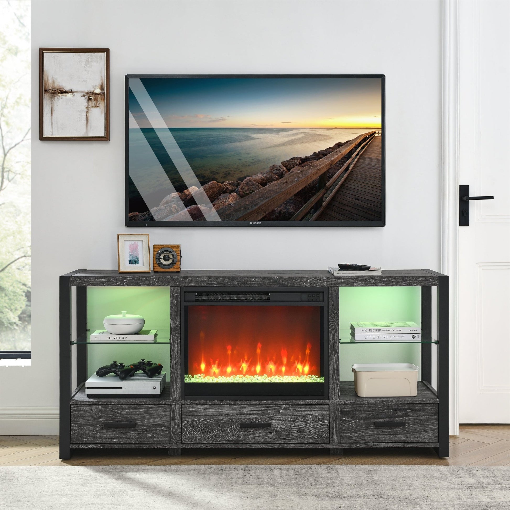 23 inch electric fireplace insert, ultra thin heater with crystal & realistic flame, remote control with timer, overheating protection,with sidelight - 1st Choice Furniture Direct