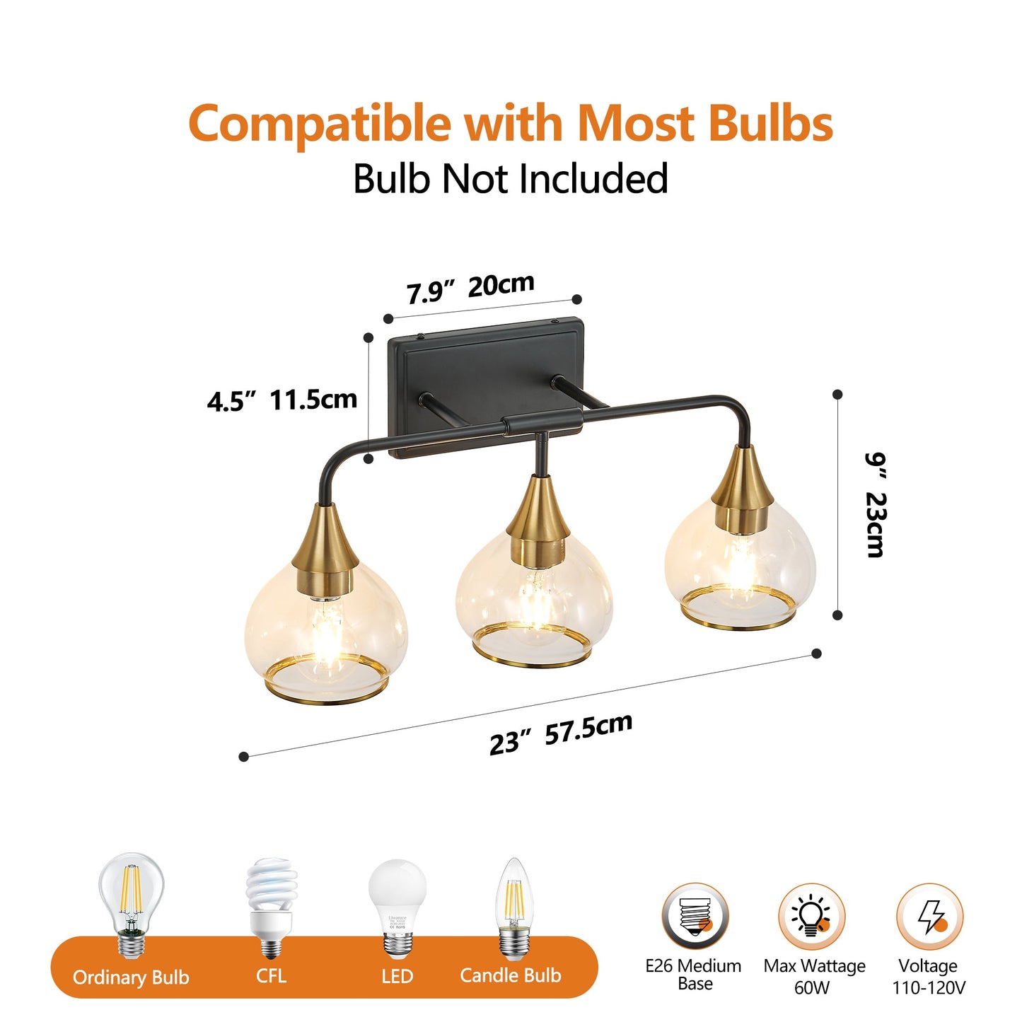 23' Modern 3 - Light Vanity Wall Sconce - Black and Gold Bathroom Light Fixture with Clear Glass Shades, Industrial Wall Mounted Lamp for Mirror, Vanity, and Living Spaces (Bulb Not Included) - 1st Choice Furniture Direct