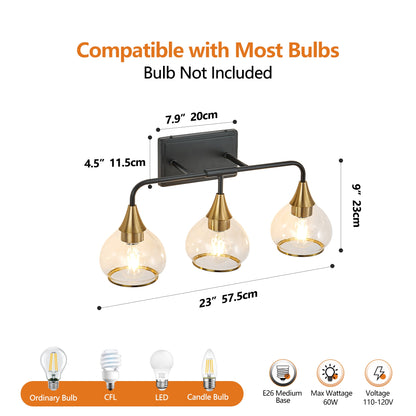 23' Modern 3 - Light Vanity Wall Sconce - Black and Gold Bathroom Light Fixture with Clear Glass Shades, Industrial Wall Mounted Lamp for Mirror, Vanity, and Living Spaces (Bulb Not Included) - 1st Choice Furniture Direct