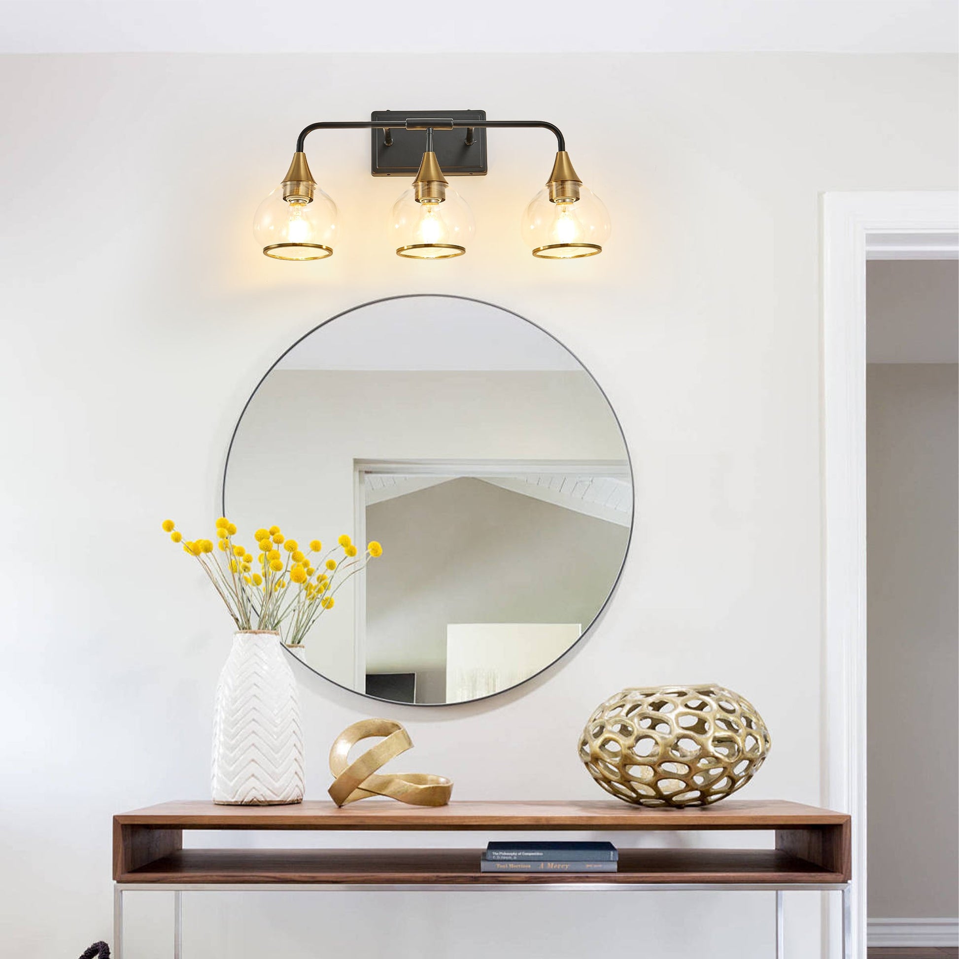 23' Modern 3 - Light Vanity Wall Sconce - Black and Gold Bathroom Light Fixture with Clear Glass Shades, Industrial Wall Mounted Lamp for Mirror, Vanity, and Living Spaces (Bulb Not Included) - 1st Choice Furniture Direct