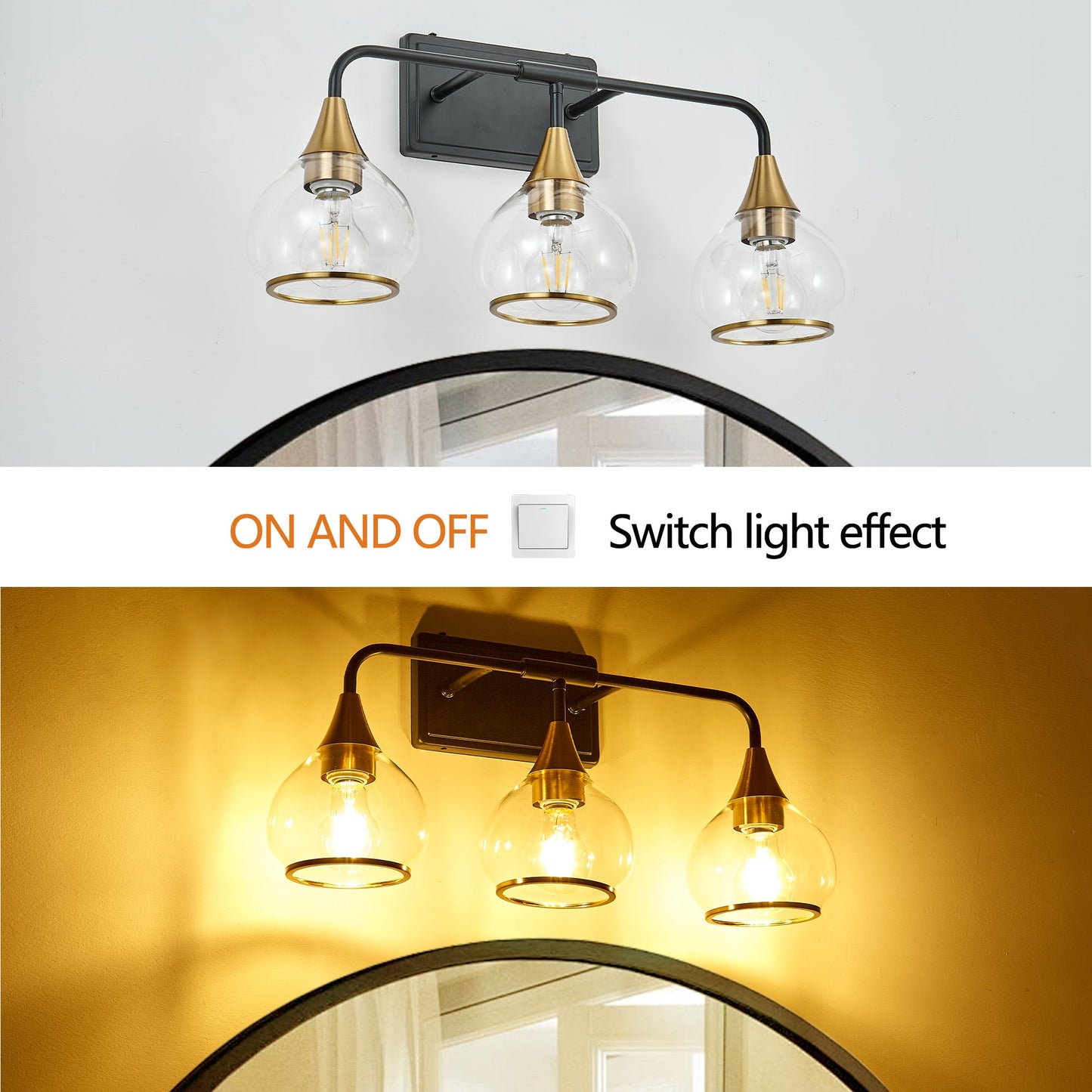 23' Modern 3 - Light Vanity Wall Sconce - Black and Gold Bathroom Light Fixture with Clear Glass Shades, Industrial Wall Mounted Lamp for Mirror, Vanity, and Living Spaces (Bulb Not Included) - 1st Choice Furniture Direct