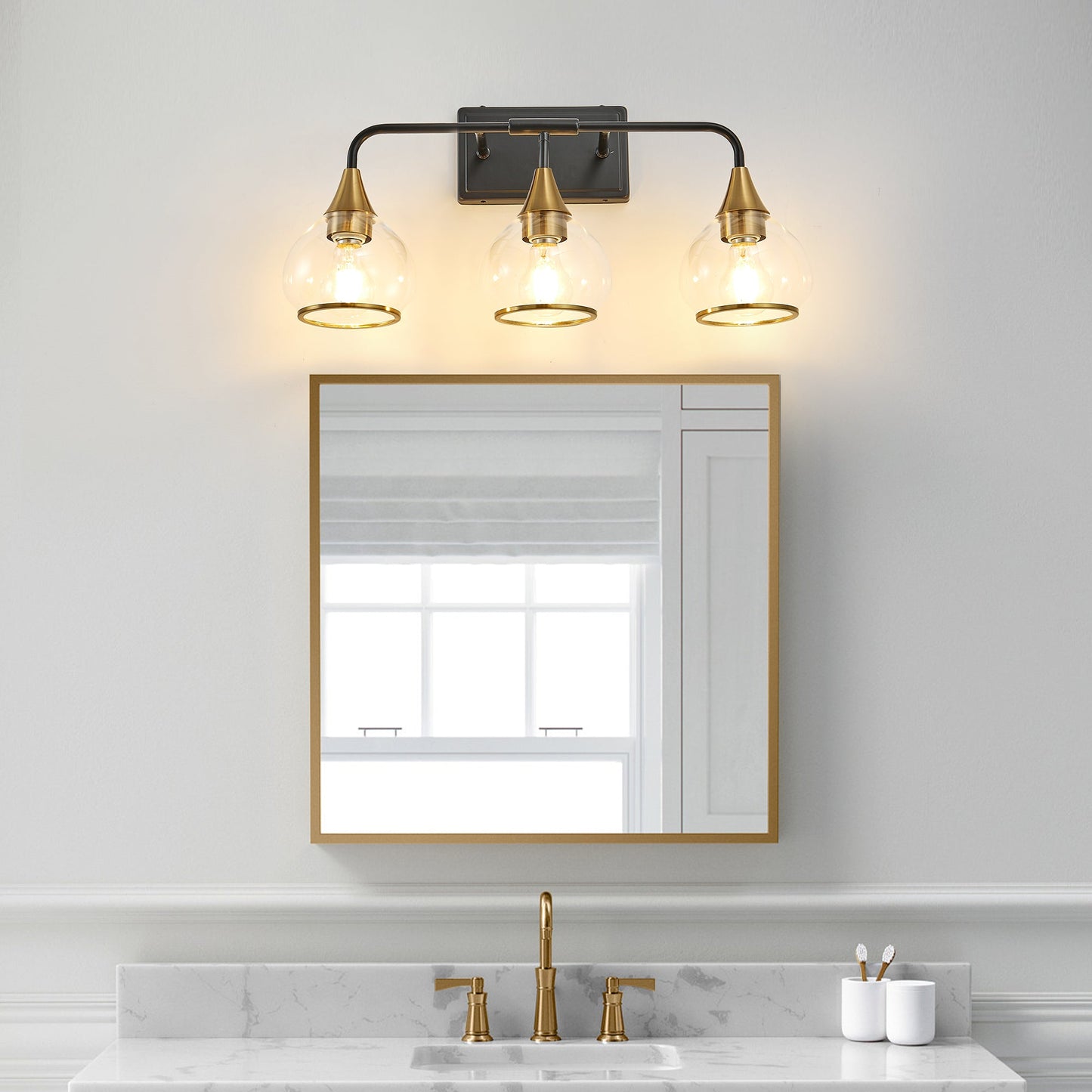 23' Modern 3 - Light Vanity Wall Sconce - Black and Gold Bathroom Light Fixture with Clear Glass Shades, Industrial Wall Mounted Lamp for Mirror, Vanity, and Living Spaces (Bulb Not Included) - 1st Choice Furniture Direct