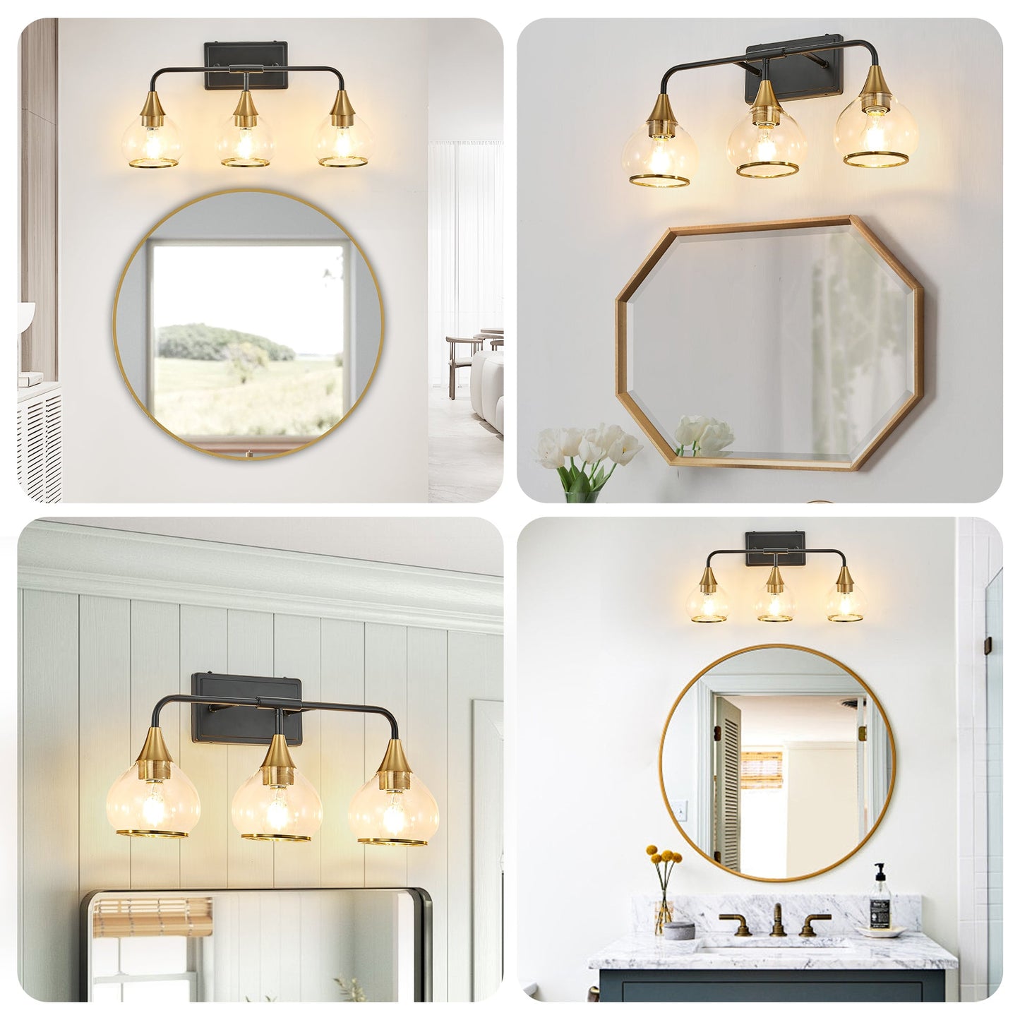 23' Modern 3 - Light Vanity Wall Sconce - Black and Gold Bathroom Light Fixture with Clear Glass Shades, Industrial Wall Mounted Lamp for Mirror, Vanity, and Living Spaces (Bulb Not Included) - 1st Choice Furniture Direct