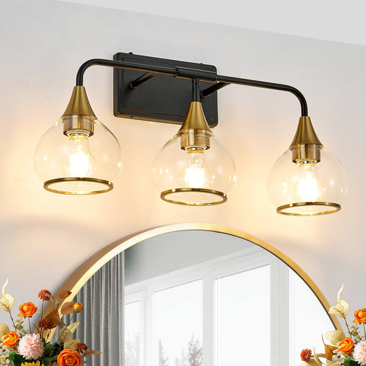 23' Modern 3 - Light Vanity Wall Sconce - Black and Gold Bathroom Light Fixture with Clear Glass Shades, Industrial Wall Mounted Lamp for Mirror, Vanity, and Living Spaces (Bulb Not Included) - 1st Choice Furniture Direct