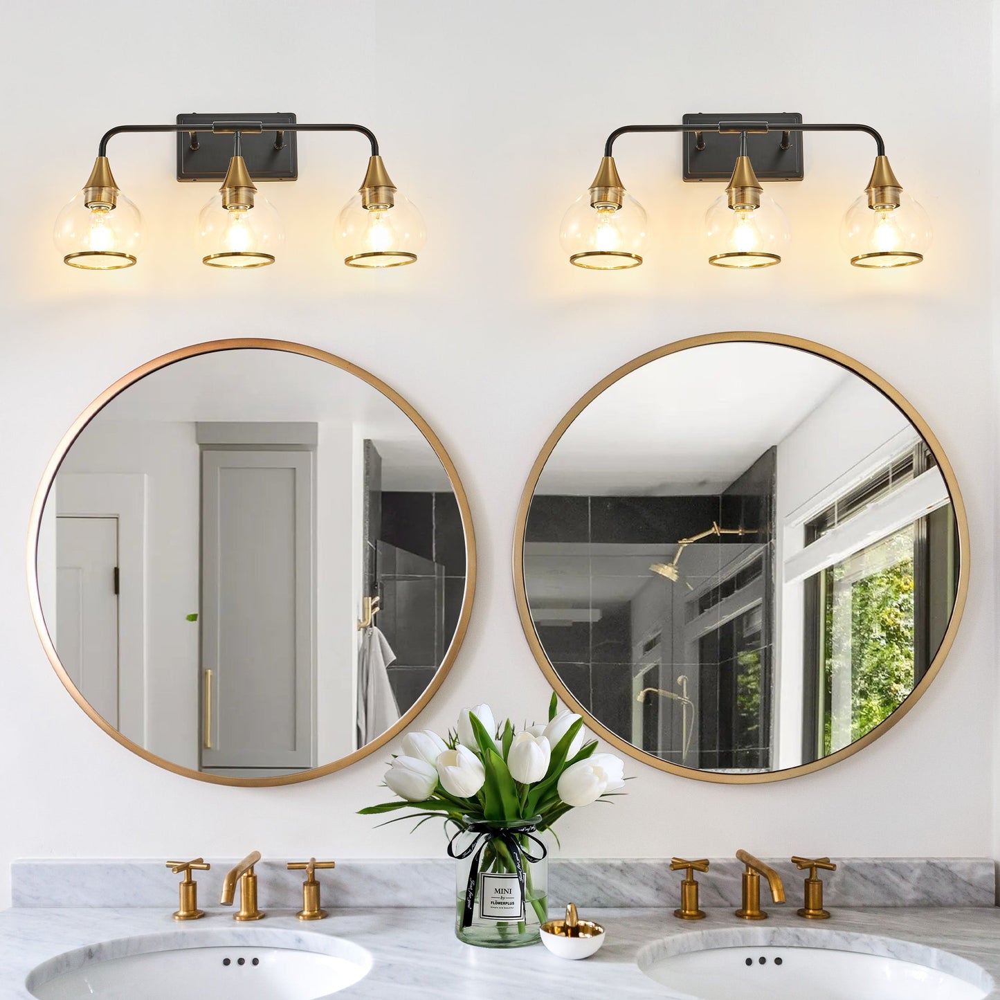 23' Modern 3 - Light Vanity Wall Sconce - Black and Gold Bathroom Light Fixture with Clear Glass Shades, Industrial Wall Mounted Lamp for Mirror, Vanity, and Living Spaces (Bulb Not Included) - 1st Choice Furniture Direct