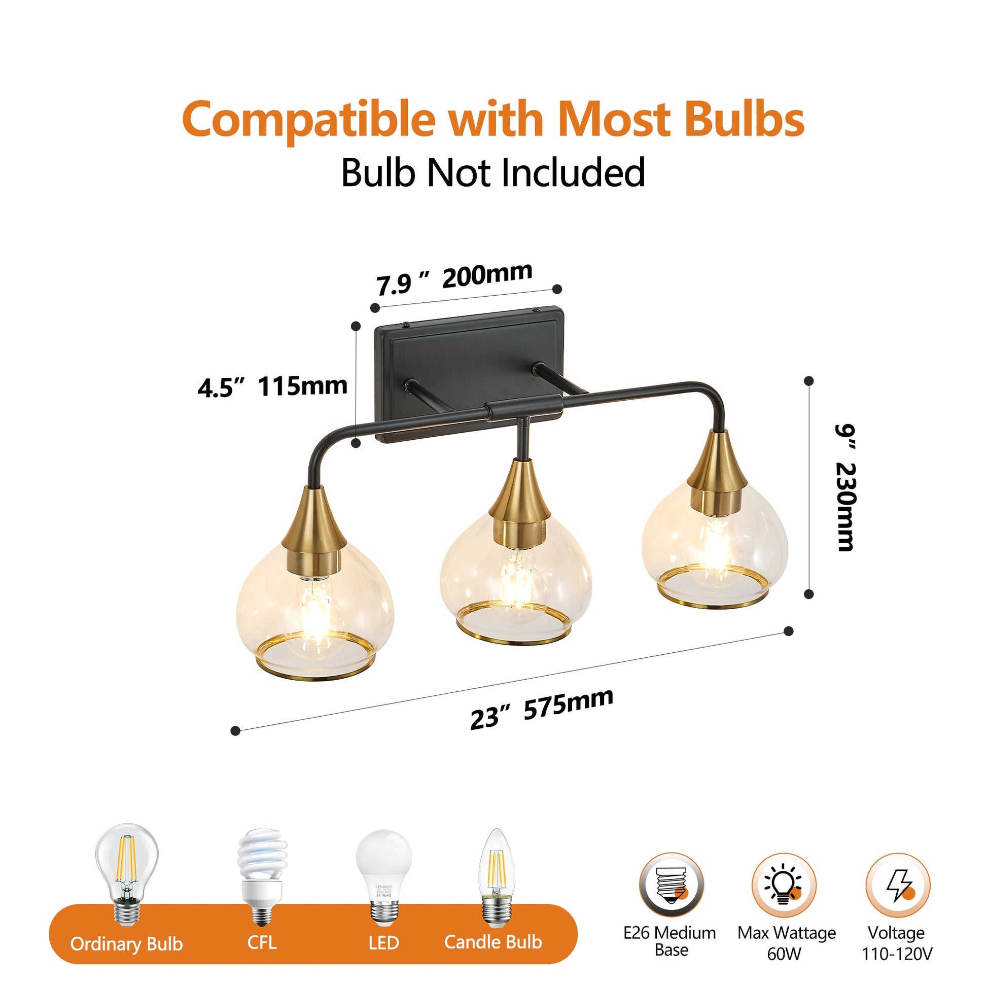 23' Modern 3 - Light Vanity Wall Sconce - Black and Gold Bathroom Light Fixture with Clear Glass Shades, Industrial Wall Mounted Lamp for Mirror, Vanity, and Living Spaces (Bulb Not Included) - 1st Choice Furniture Direct
