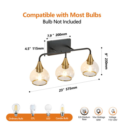 23' Modern 3 - Light Vanity Wall Sconce - Black and Gold Bathroom Light Fixture with Clear Glass Shades, Industrial Wall Mounted Lamp for Mirror, Vanity, and Living Spaces (Bulb Not Included) - 1st Choice Furniture Direct