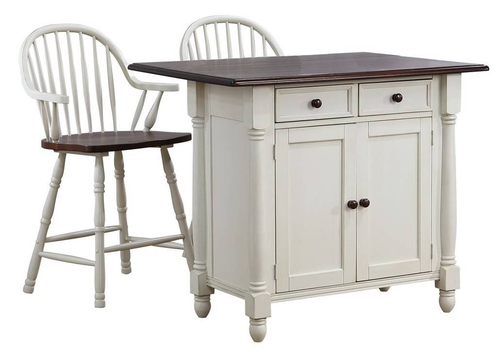 Sunset Trading Andrews Antique White Expandable Kitchen Island with Counter Height Stools with Arms