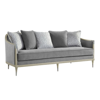 Gray Chenille Sofa with Accent Pillows and Champagne Trim