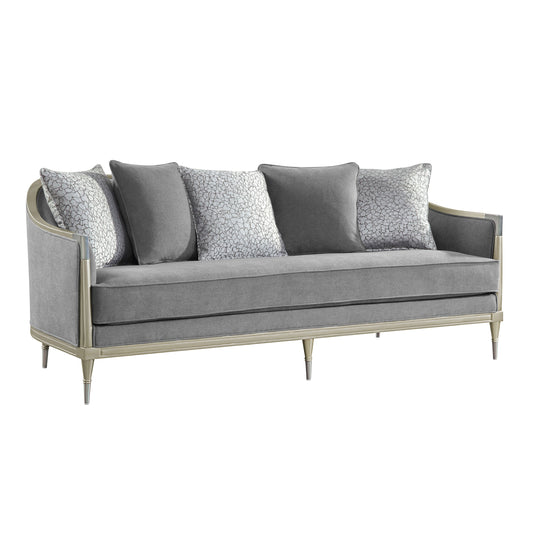 Gray Chenille Sofa with Accent Pillows and Champagne Trim