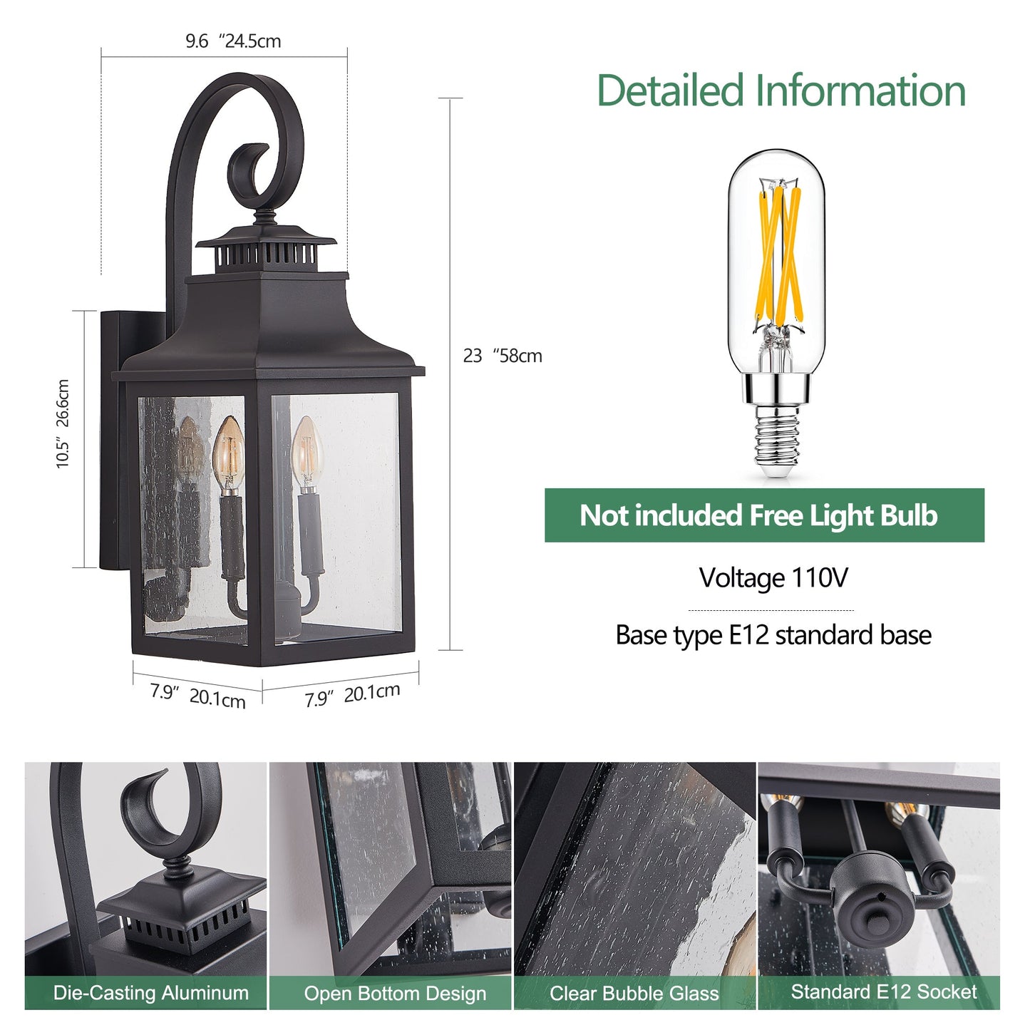 23'(H) 1 - Pack Outdoor Wall Lantern Light – Vintage Black Metal Sconce with Clear Seeded Glass for Porch, Patio, and Garden (Bulb Not Included) - 1st Choice Furniture Direct