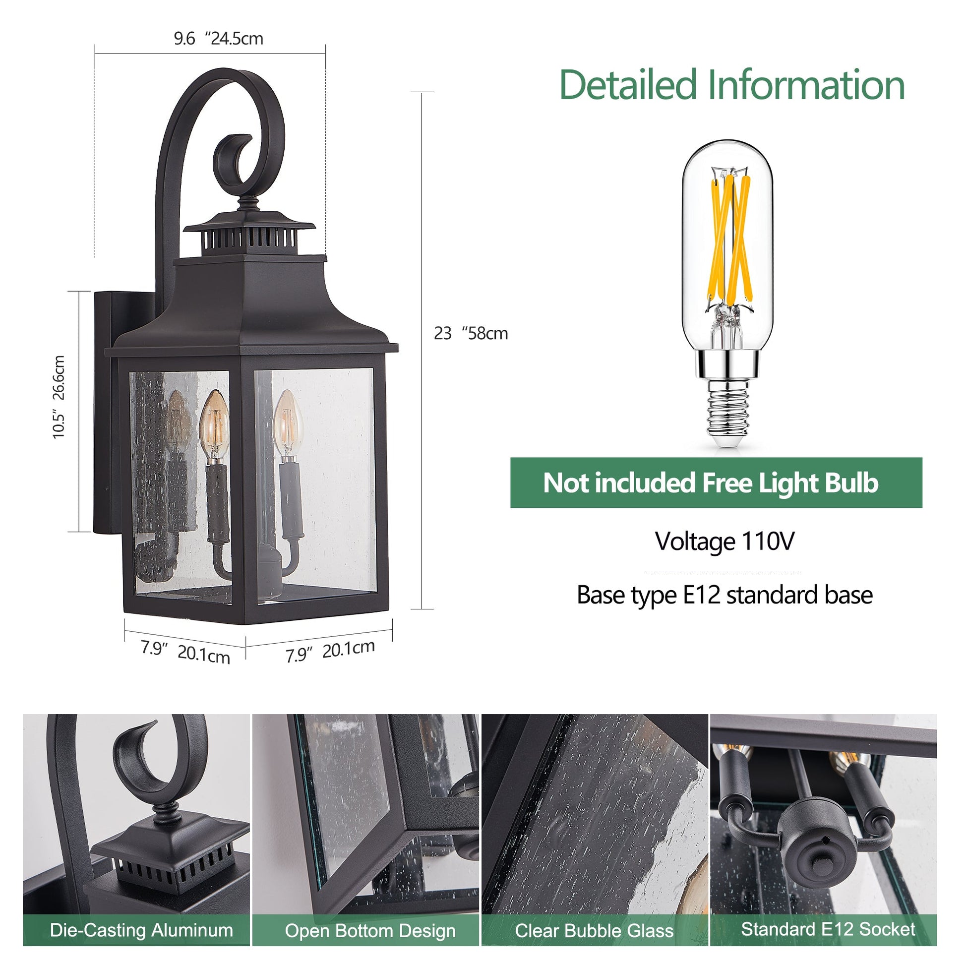 23'(H) 1 - Pack Outdoor Wall Lantern Light – Vintage Black Metal Sconce with Clear Seeded Glass for Porch, Patio, and Garden (Bulb Not Included) - 1st Choice Furniture Direct