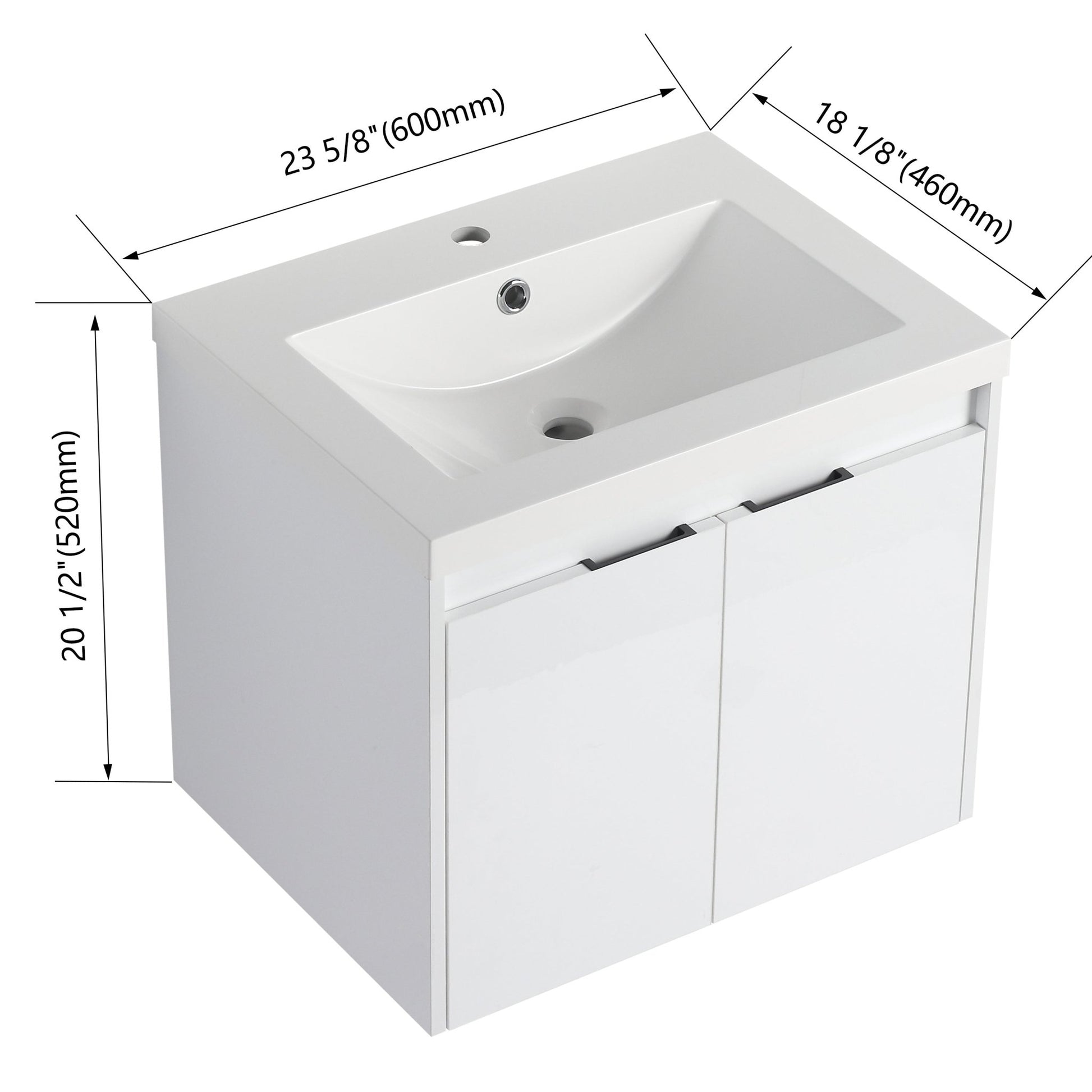 24' Bathroom Vanity With Resin Sink , 2 - Soft Close Doors, Float Mounting Design,Glossy White,(KD - Packing) - 1st Choice Furniture Direct
