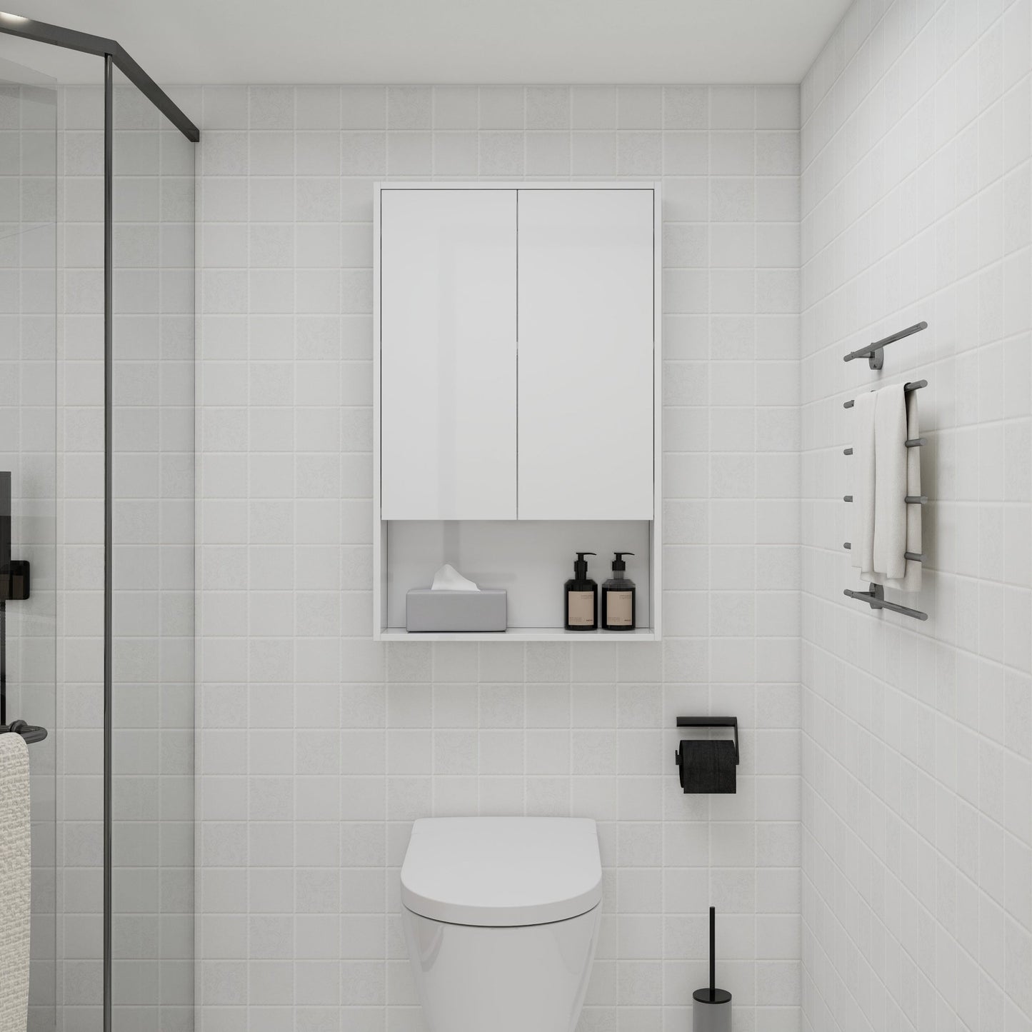24' Bathroom Wall Cabinet, Soft Close Doors, Float Mounting Design,Glossy White,(KD - Packing) - 1st Choice Furniture Direct