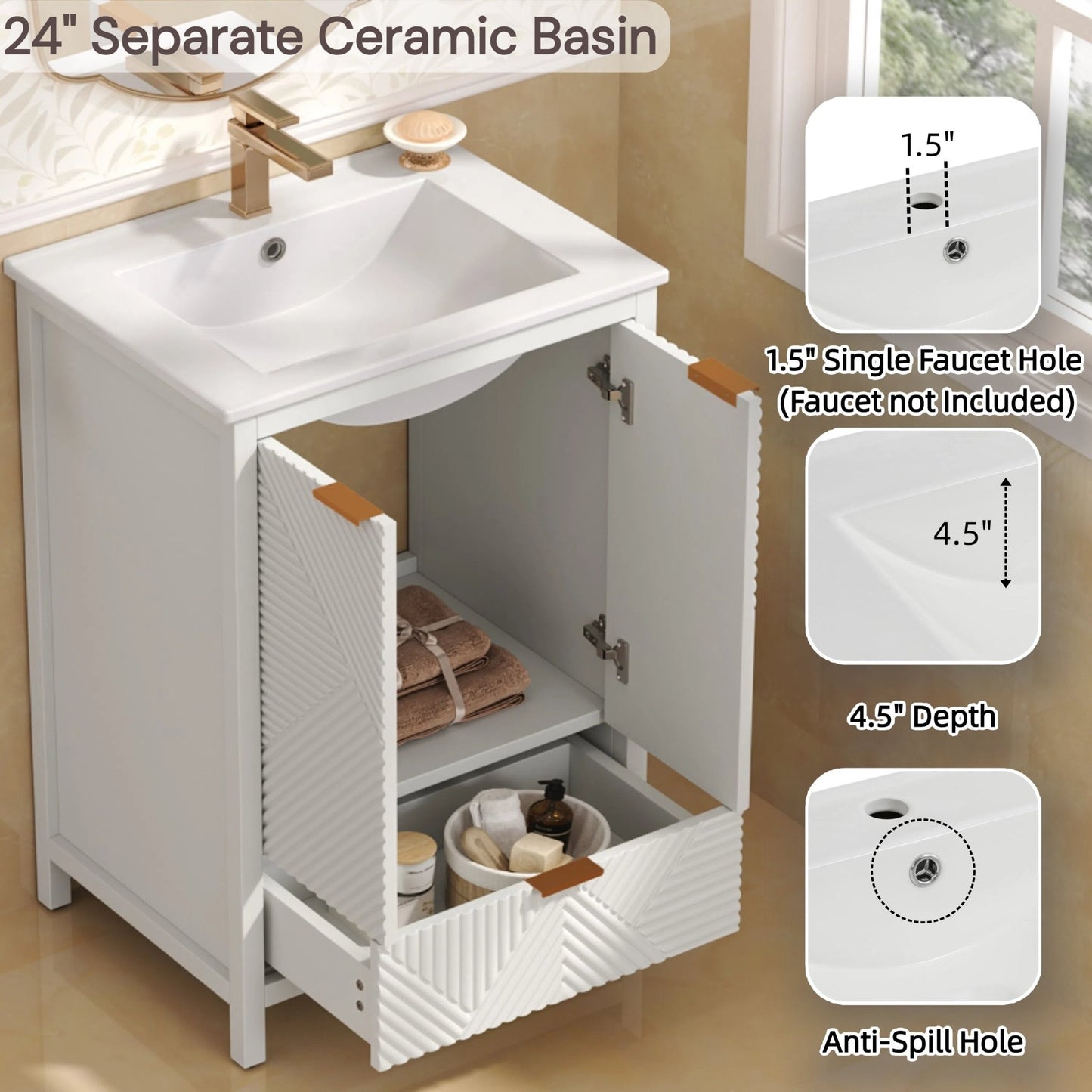 24-Inch Modern White Bathroom Vanity with Ceramic Sink - 1st Choice Furniture Direct