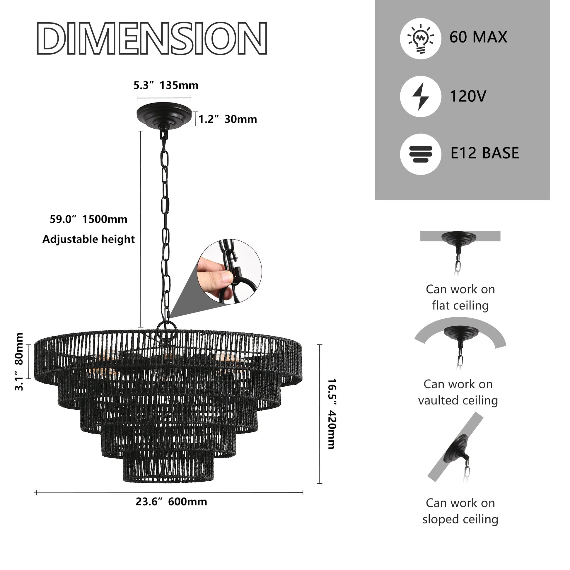 24' Rustic 5 - Tier Black Hemp Rope Pendant Light Chandelier with 8 E12 Sockets, Boho Farmhouse Ceiling Fixture for Dining Room, Kitchen, or Entryway (Bulb Not Included) - 1st Choice Furniture Direct