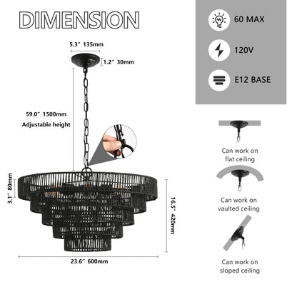 24' Rustic 5 - Tier Black Hemp Rope Pendant Light Chandelier with 8 E12 Sockets, Boho Farmhouse Ceiling Fixture for Dining Room, Kitchen, or Entryway (Bulb Not Included) - 1st Choice Furniture Direct