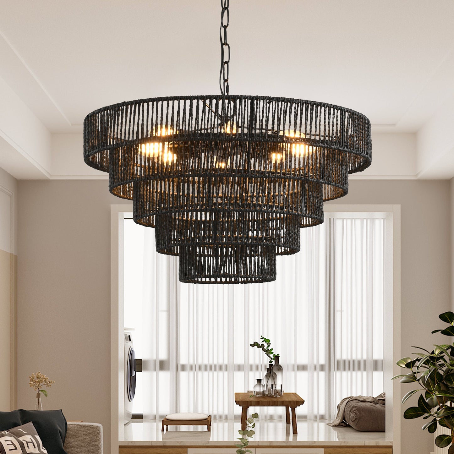 24' Rustic 5 - Tier Black Hemp Rope Pendant Light Chandelier with 8 E12 Sockets, Boho Farmhouse Ceiling Fixture for Dining Room, Kitchen, or Entryway (Bulb Not Included) - 1st Choice Furniture Direct