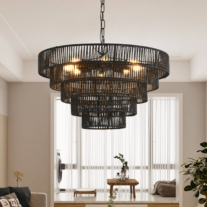 24' Rustic 5 - Tier Black Hemp Rope Pendant Light Chandelier with 8 E12 Sockets, Boho Farmhouse Ceiling Fixture for Dining Room, Kitchen, or Entryway (Bulb Not Included) - 1st Choice Furniture Direct