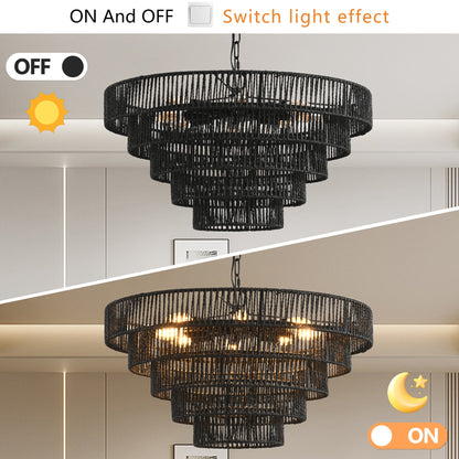 24' Rustic 5 - Tier Black Hemp Rope Pendant Light Chandelier with 8 E12 Sockets, Boho Farmhouse Ceiling Fixture for Dining Room, Kitchen, or Entryway (Bulb Not Included) - 1st Choice Furniture Direct