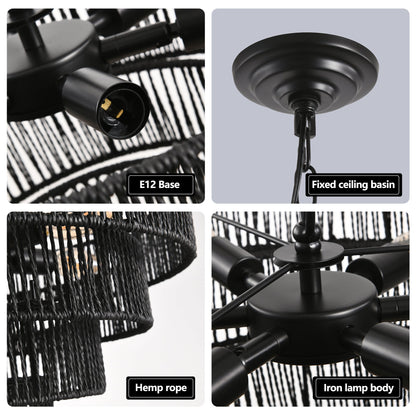 24' Rustic 5 - Tier Black Hemp Rope Pendant Light Chandelier with 8 E12 Sockets, Boho Farmhouse Ceiling Fixture for Dining Room, Kitchen, or Entryway (Bulb Not Included) - 1st Choice Furniture Direct