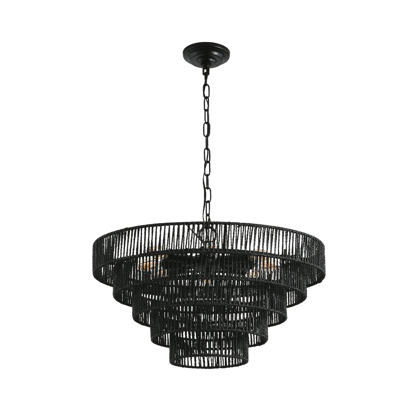 24' Rustic 5 - Tier Black Hemp Rope Pendant Light Chandelier with 8 E12 Sockets, Boho Farmhouse Ceiling Fixture for Dining Room, Kitchen, or Entryway (Bulb Not Included) - 1st Choice Furniture Direct